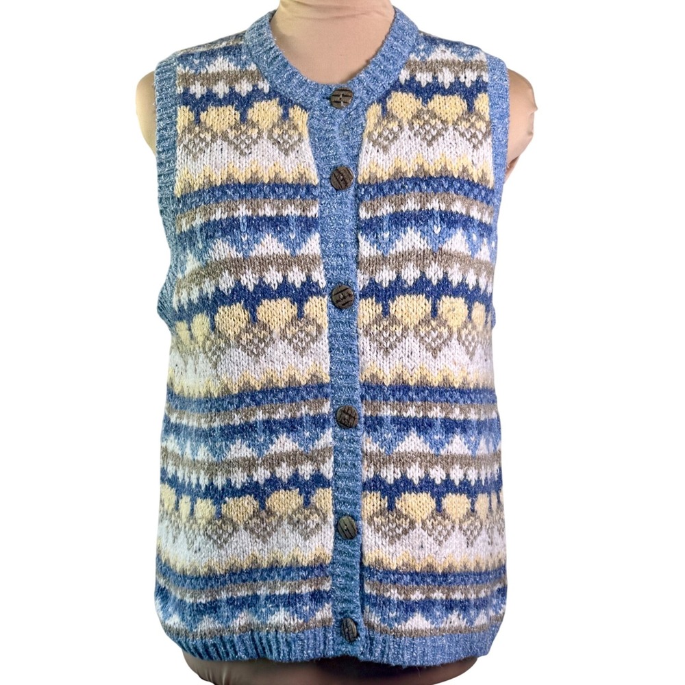St. John's Bay Sweater Vest Blue Fair Isle Knit Cardigan Twee Preppy Fall Medium